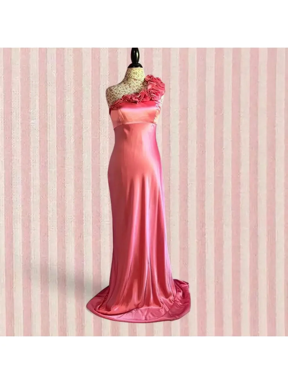 silk pink floor length dress with floral ruffles - Picture 1 of 8